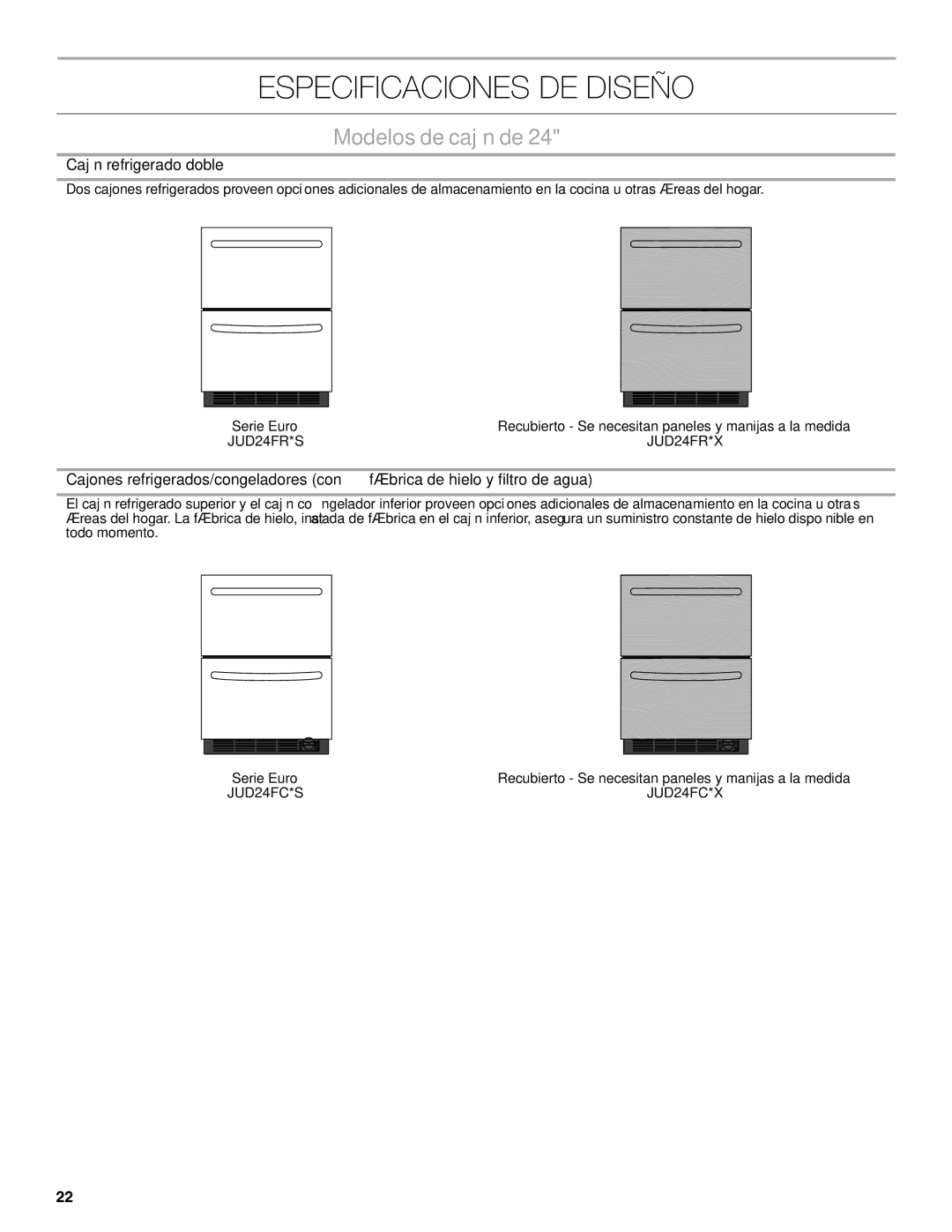 Jenn-Air W10549548A manual Especificaciones DE Diseño, Modelos de cajón de, Cajón refrigerado doble 