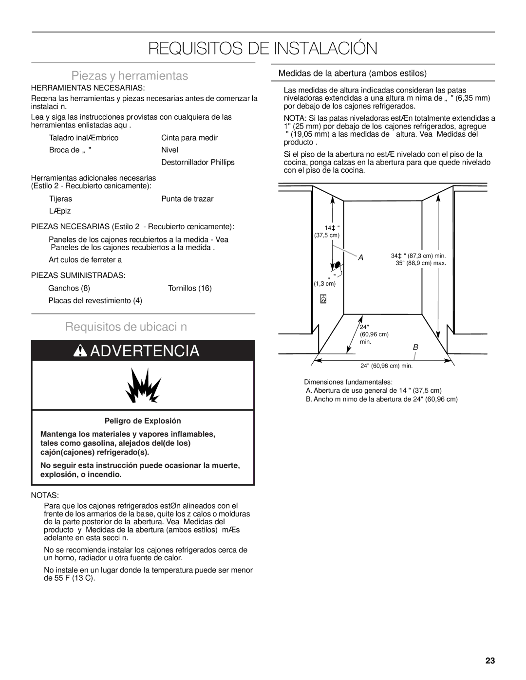 Jenn-Air W10549548A manual Requisitos DE Instalación, Piezas y herramientas, Requisitos de ubicación 