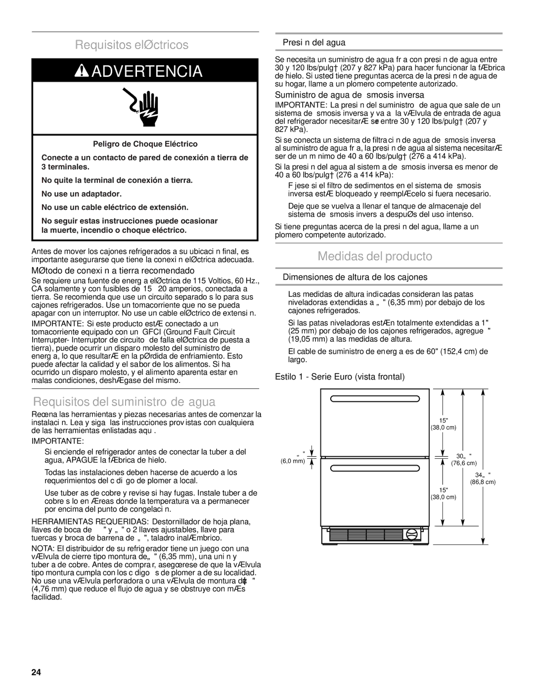 Jenn-Air W10549548A manual Requisitos eléctricos, Medidas del producto, Requisitos del suministro de agua 