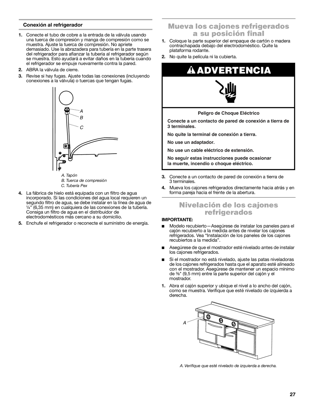 Jenn-Air W10549548A manual Mueva los cajones refrigerados Su posición final, Nivelación de los cajones Refrigerados 