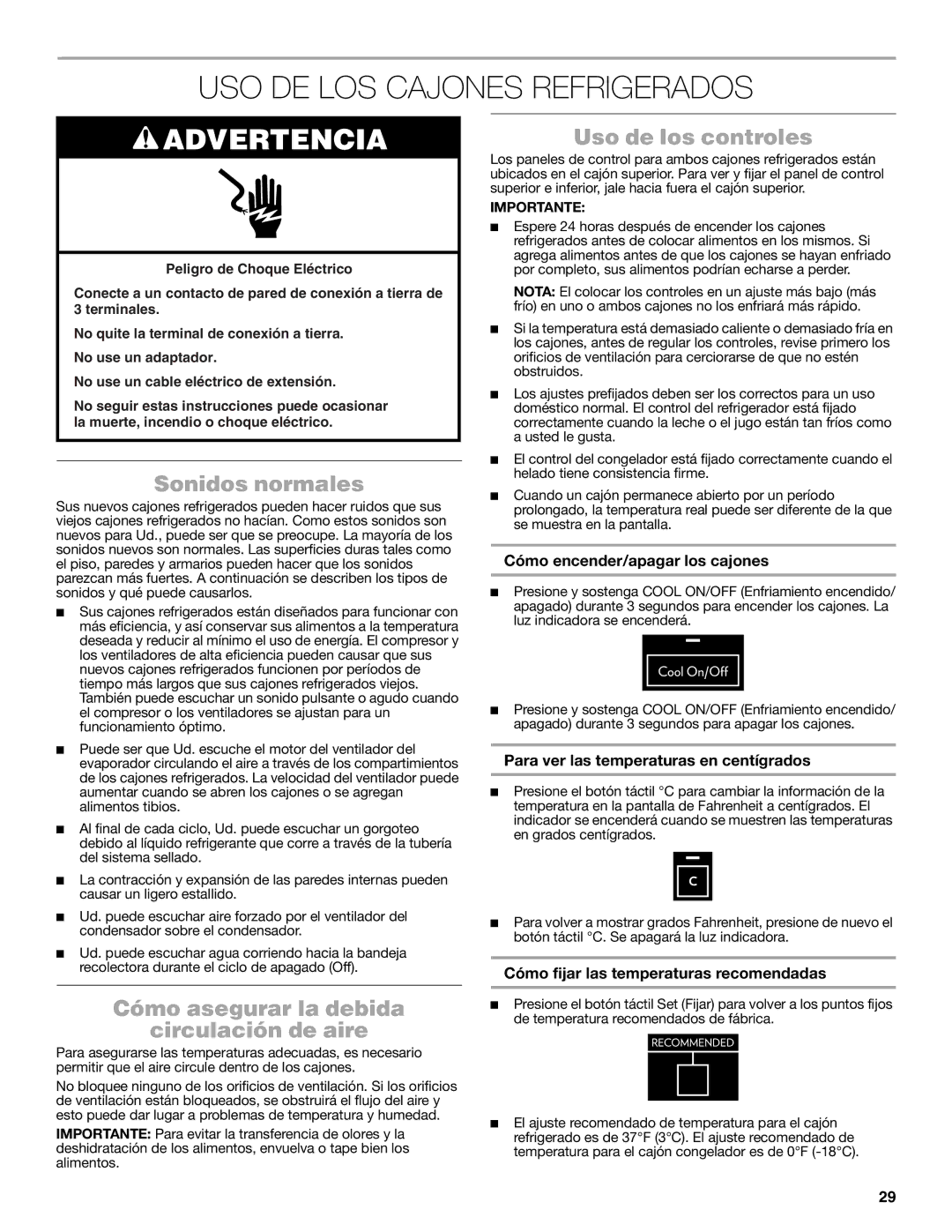 Jenn-Air W10549548A manual USO DE LOS Cajones Refrigerados, Sonidos normales, Cómo asegurar la debida Circulación de aire 