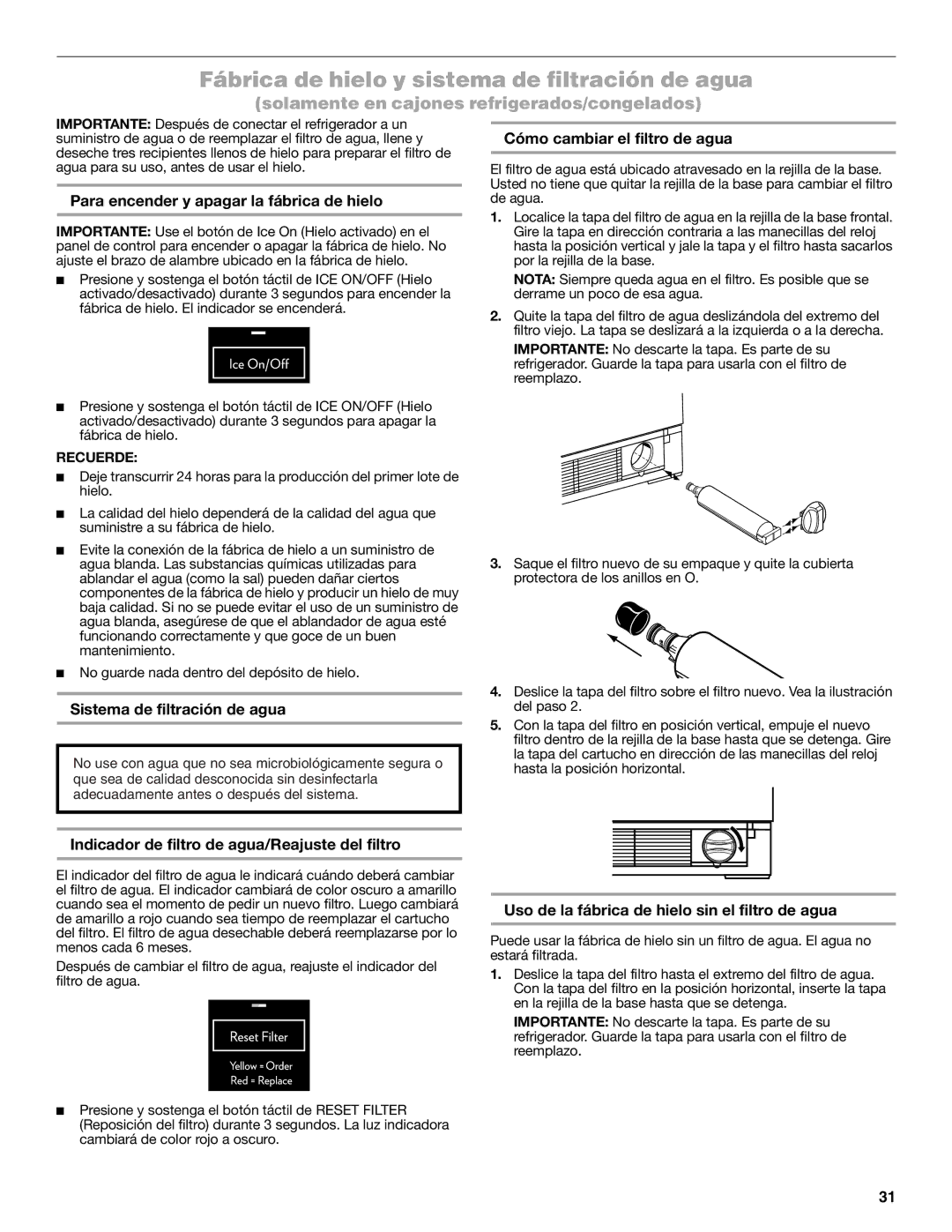 Jenn-Air W10549548A manual Fábrica de hielo y sistema de filtración de agua 