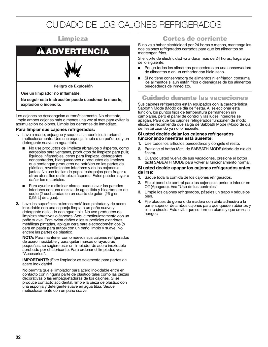 Jenn-Air W10549548A Cuidado DE LOS Cajones Refrigerados, Limpieza, Cortes de corriente, Cuidado durante las vacaciones 