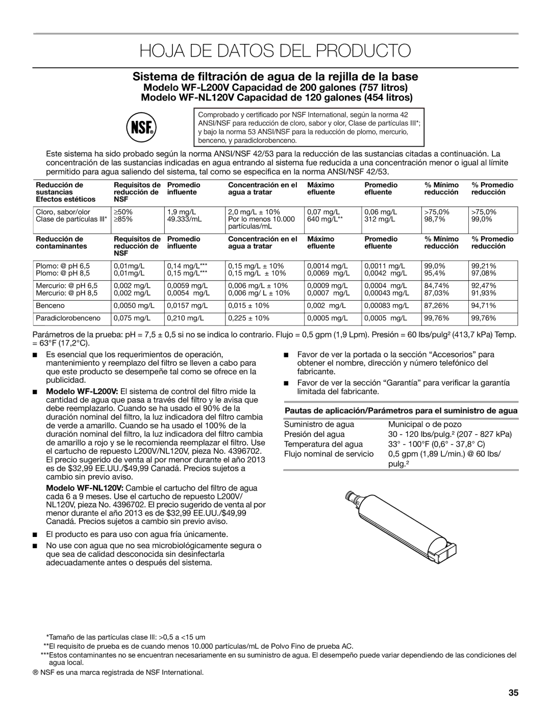 Jenn-Air W10549548A manual Hoja DE Datos DEL Producto, Pautas de aplicación/Parámetros para el suministro de agua 