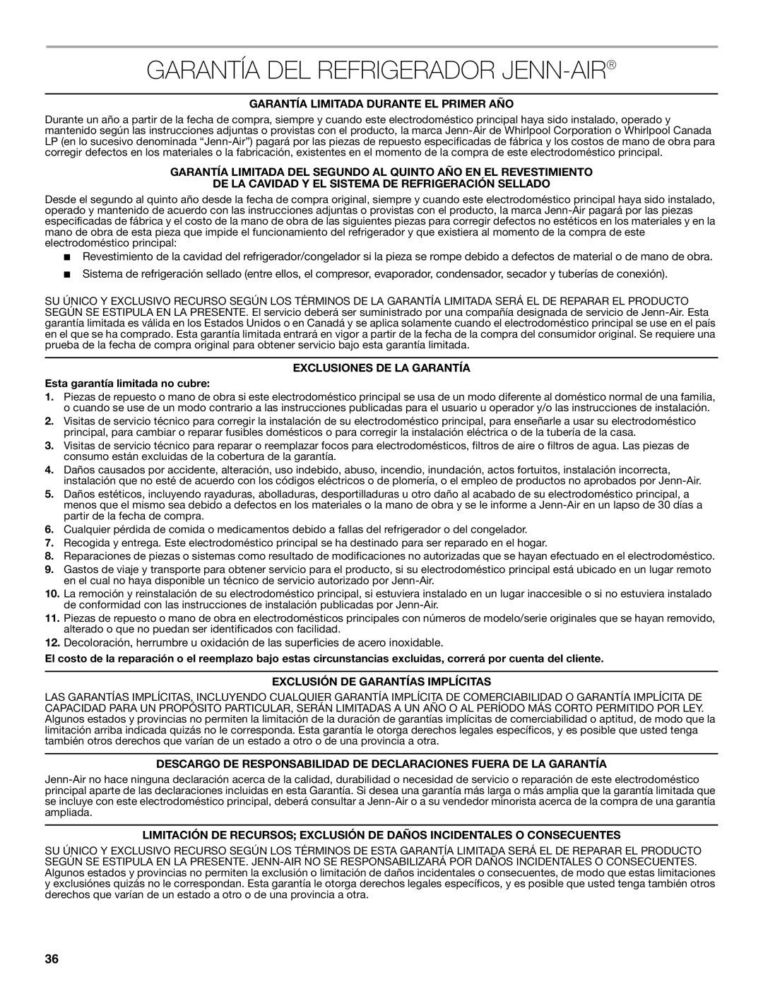 Jenn-Air W10549548A manual Garantía DEL Refrigerador JENN-AIR, Garantía Limitada Durante EL Primer AÑO 