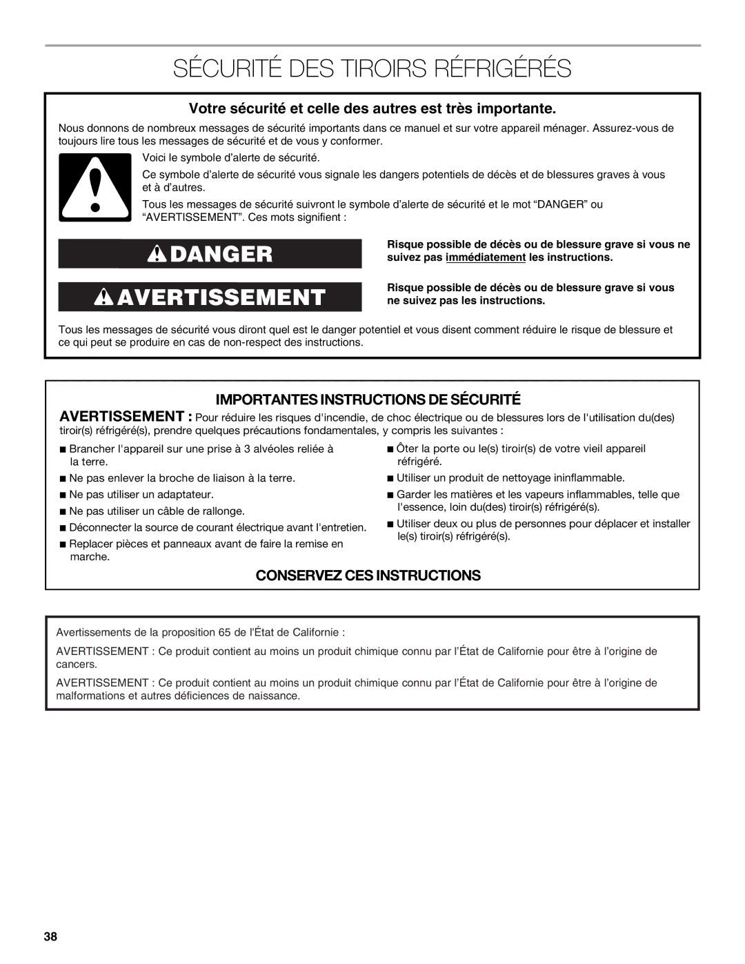 Jenn-Air W10549548A manual Sécurité DES Tiroirs Réfrigérés, Votre sécurité et celle des autres est très importante 