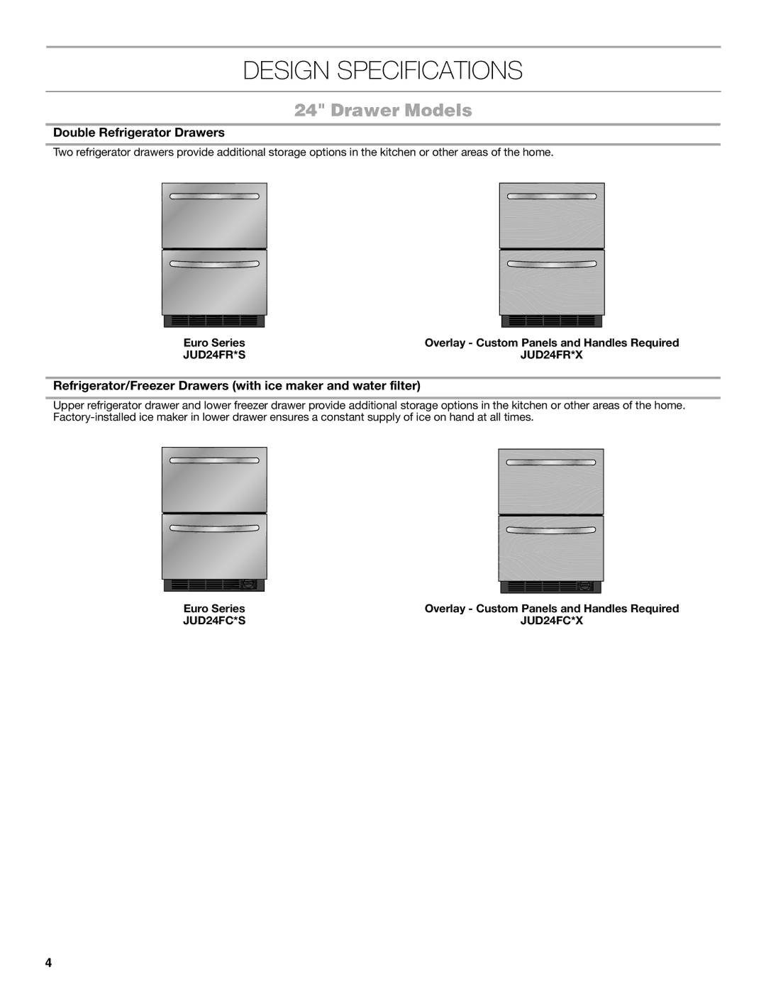 Jenn-Air W10549548A manual Design Specifications, Drawer Models, Double Refrigerator Drawers, JUD24FR*S JUD24FR*X 