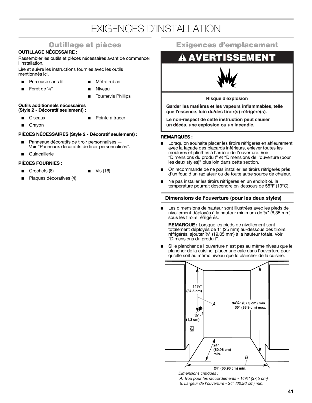 Jenn-Air W10549548A manual Exigences D’INSTALLATION, Outillage et pièces, Exigences d’emplacement 