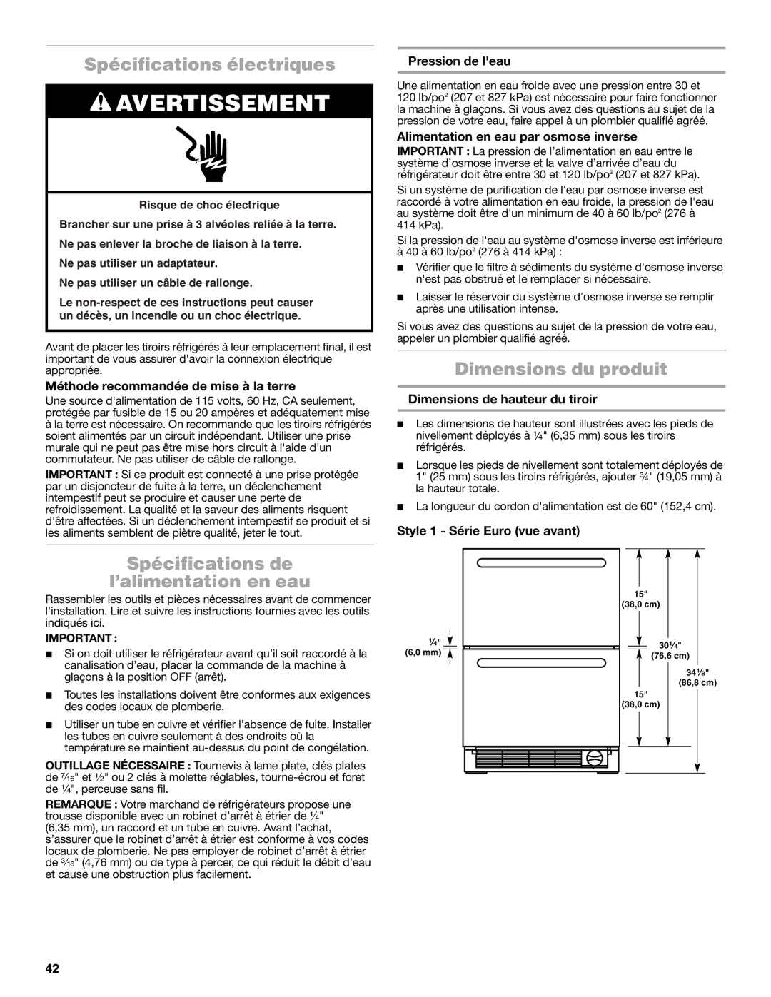 Jenn-Air W10549548A manual Spécifications électriques, Dimensions du produit, Spécifications de ’alimentation en eau 