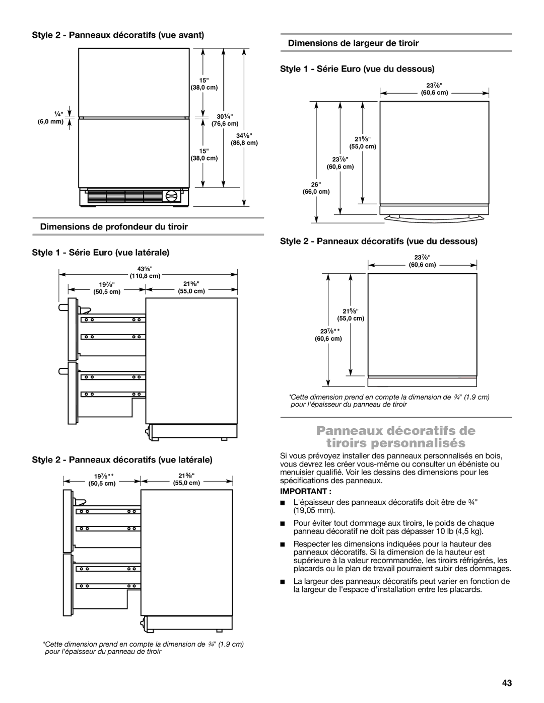 Jenn-Air W10549548A manual Panneaux décoratifs de Tiroirs personnalisés 