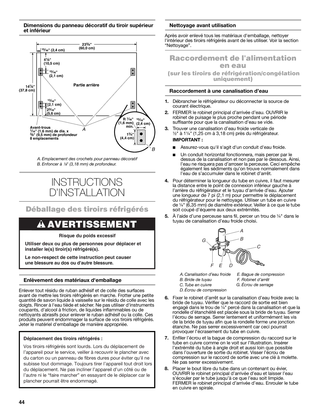 Jenn-Air W10549548A Instructions ’INSTALLATION, Déballage des tiroirs réfrigérés, Raccordement de lalimentation En eau 