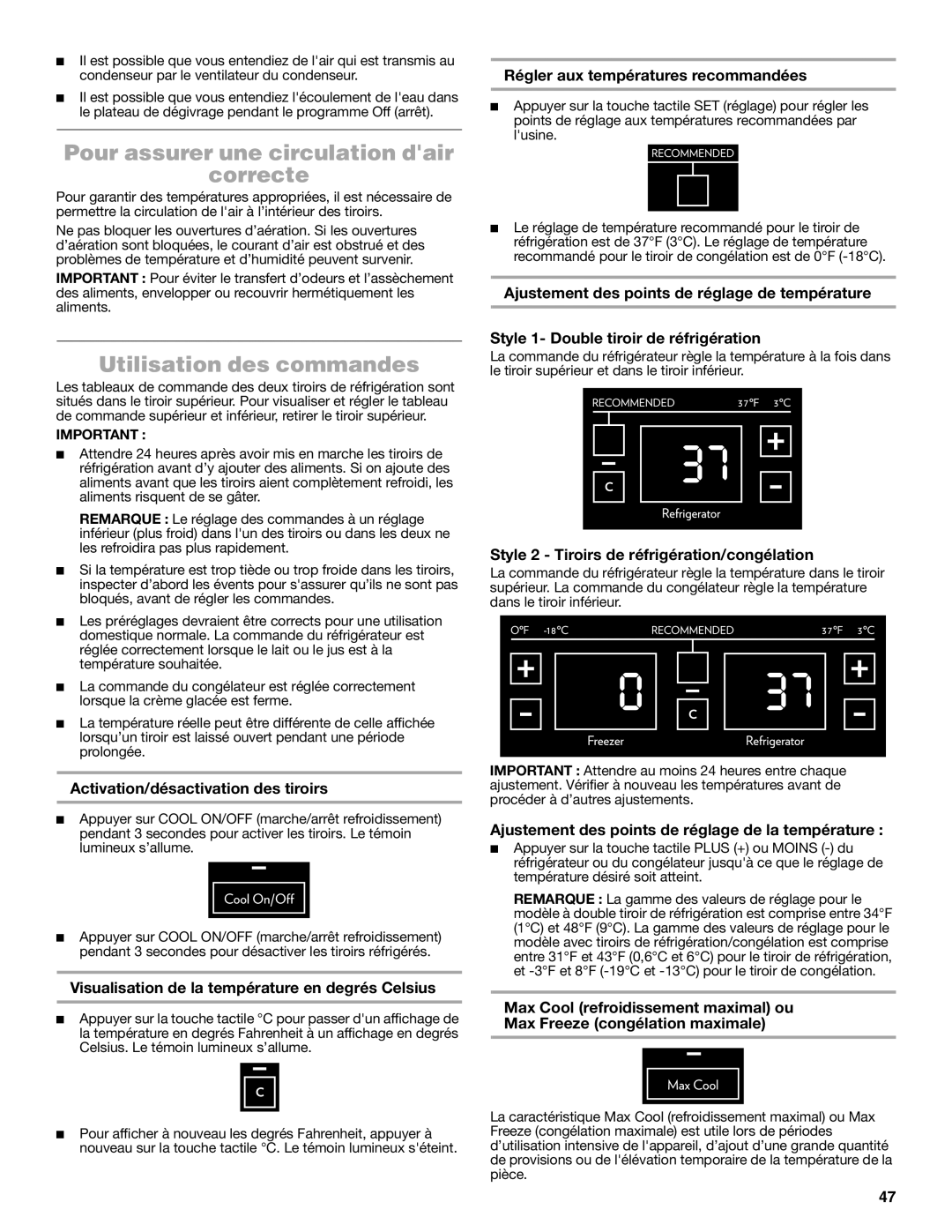 Jenn-Air W10549548A manual Pour assurer une circulation dair Correcte, Utilisation des commandes 