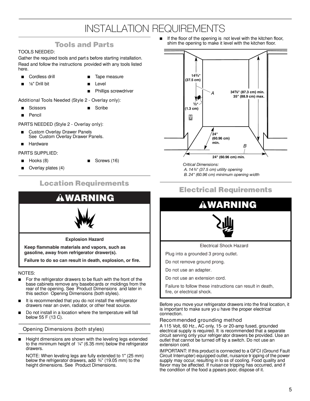 Jenn-Air W10549548A manual Installation Requirements, Tools and Parts, Location Requirements, Electrical Requirements 