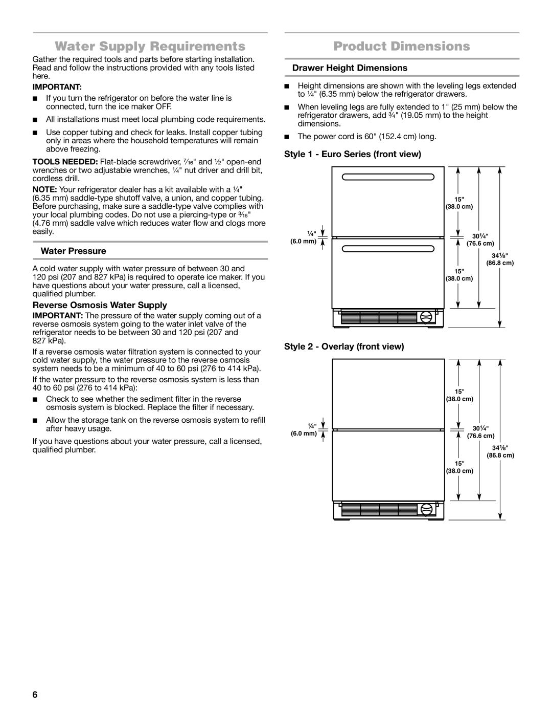 Jenn-Air W10549548A manual Water Supply Requirements, Product Dimensions 