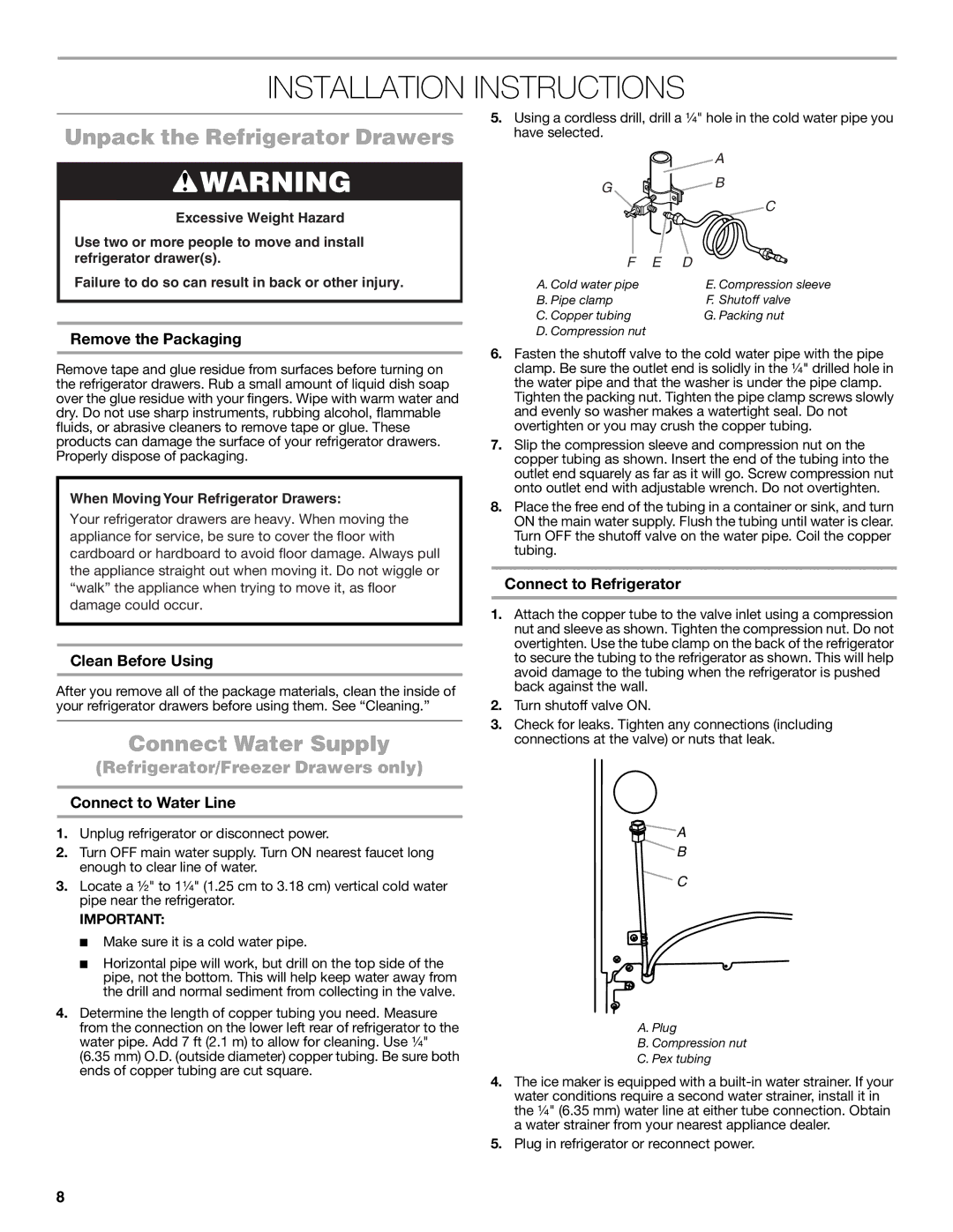 Jenn-Air W10549548A manual Installation Instructions, Unpack the Refrigerator Drawers, Connect Water Supply 