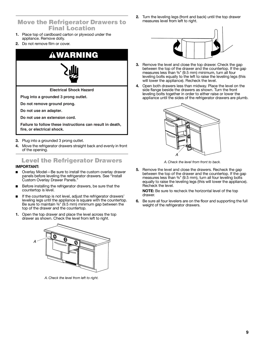 Jenn-Air W10549548A manual Move the Refrigerator Drawers to Final Location, Level the Refrigerator Drawers 