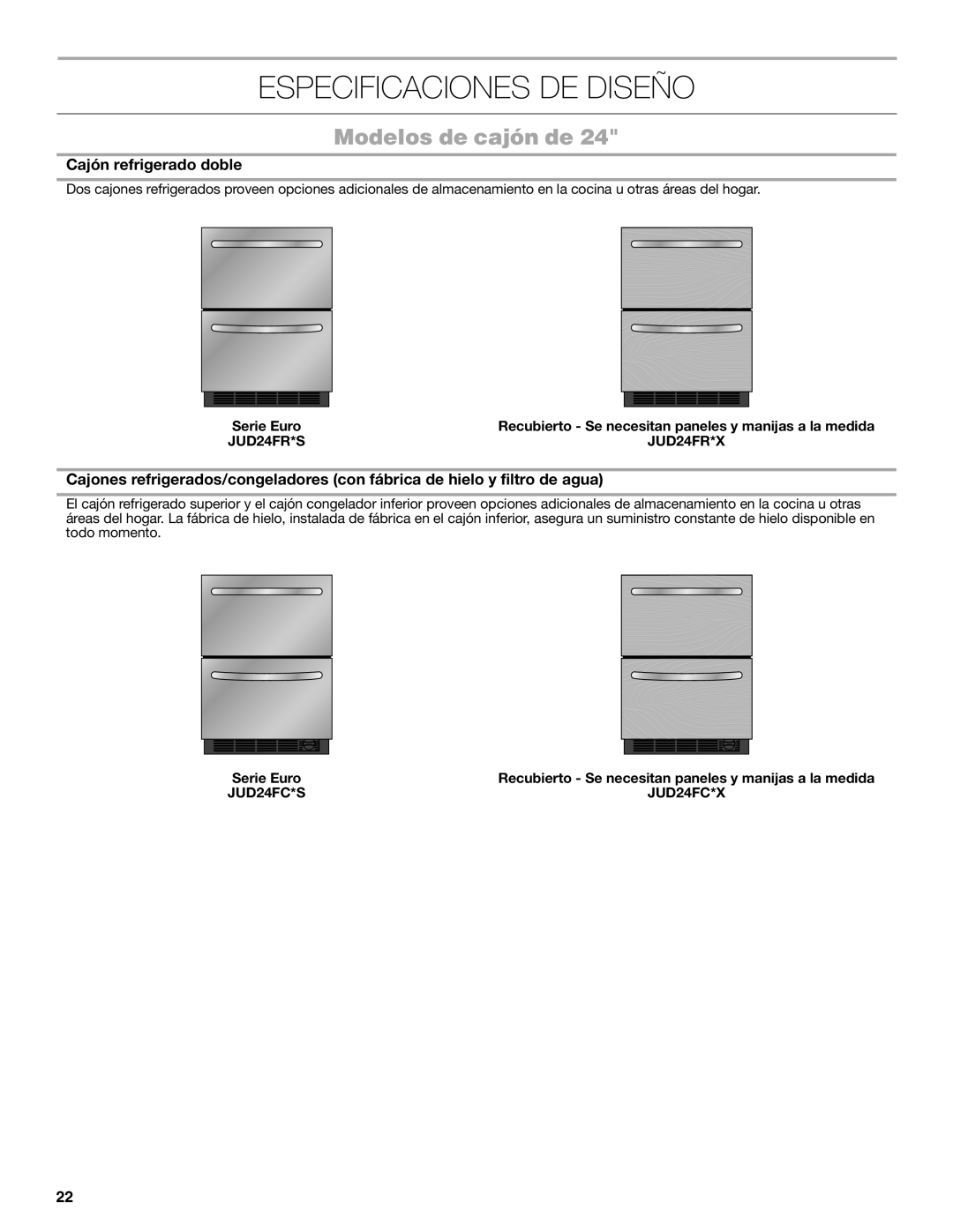 Jenn-Air W10549548A manual Especificaciones De Diseño, Modelos de cajón de, Cajón refrigerado doble, Serie Euro, JUD24FR*S 
