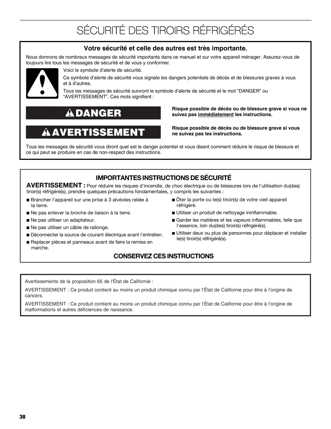 Jenn-Air W10549548A manual Sécurité Des Tiroirs Réfrigérés, Danger Avertissement, Importantes Instructions De Sécurité 