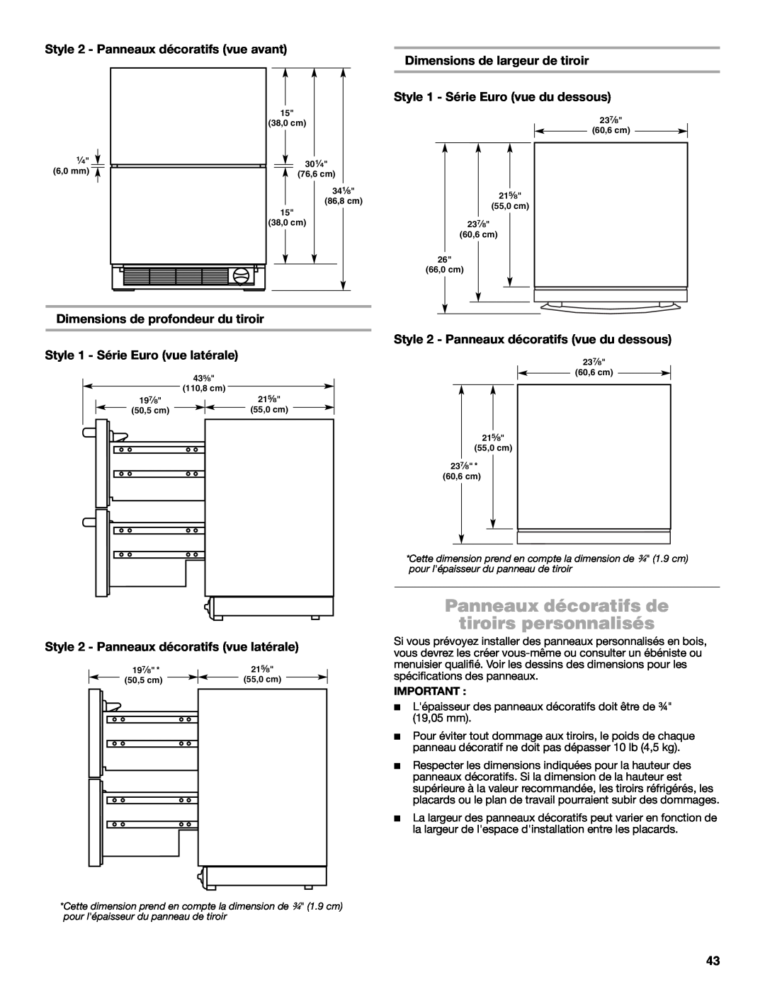 Jenn-Air W10549548A manual Panneaux décoratifs de tiroirs personnalisés, Style 2 - Panneaux décoratifs vue avant 