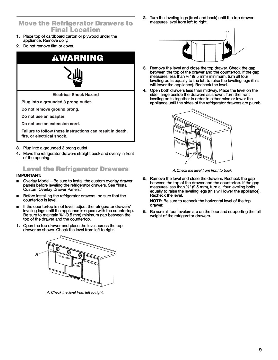 Jenn-Air W10549548A manual Move the Refrigerator Drawers to Final Location, Level the Refrigerator Drawers 