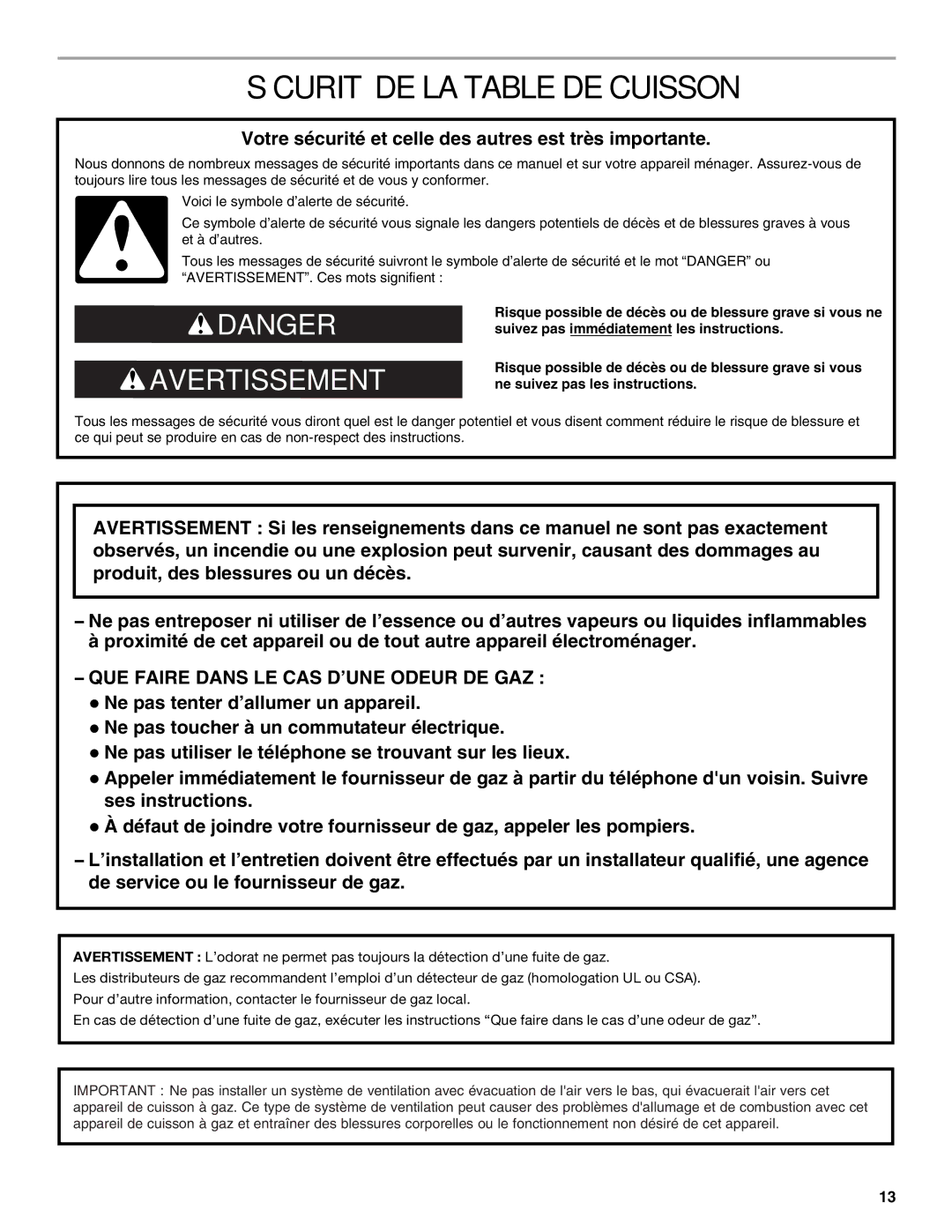 Jenn-Air W10574732A Sécurité DE LA Table DE Cuisson, Votre sécurité et celle des autres est très importante 