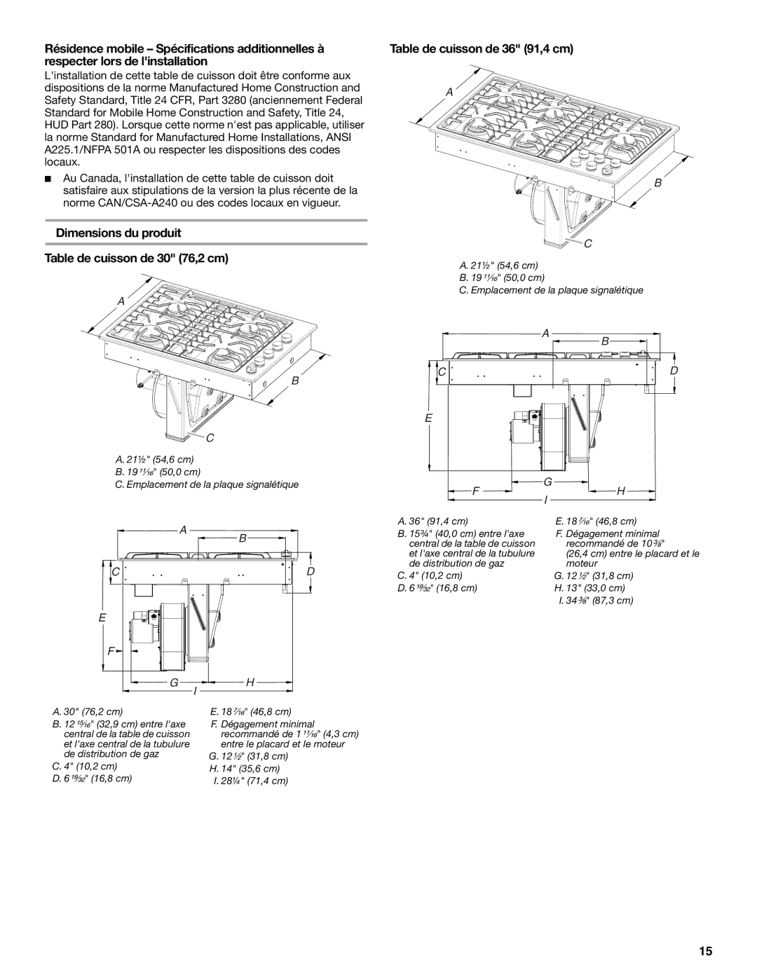 Jenn-Air W10574732A Dimensions du produit Table de cuisson de 30 76,2 cm, Table de cuisson de 36 91,4 cm 