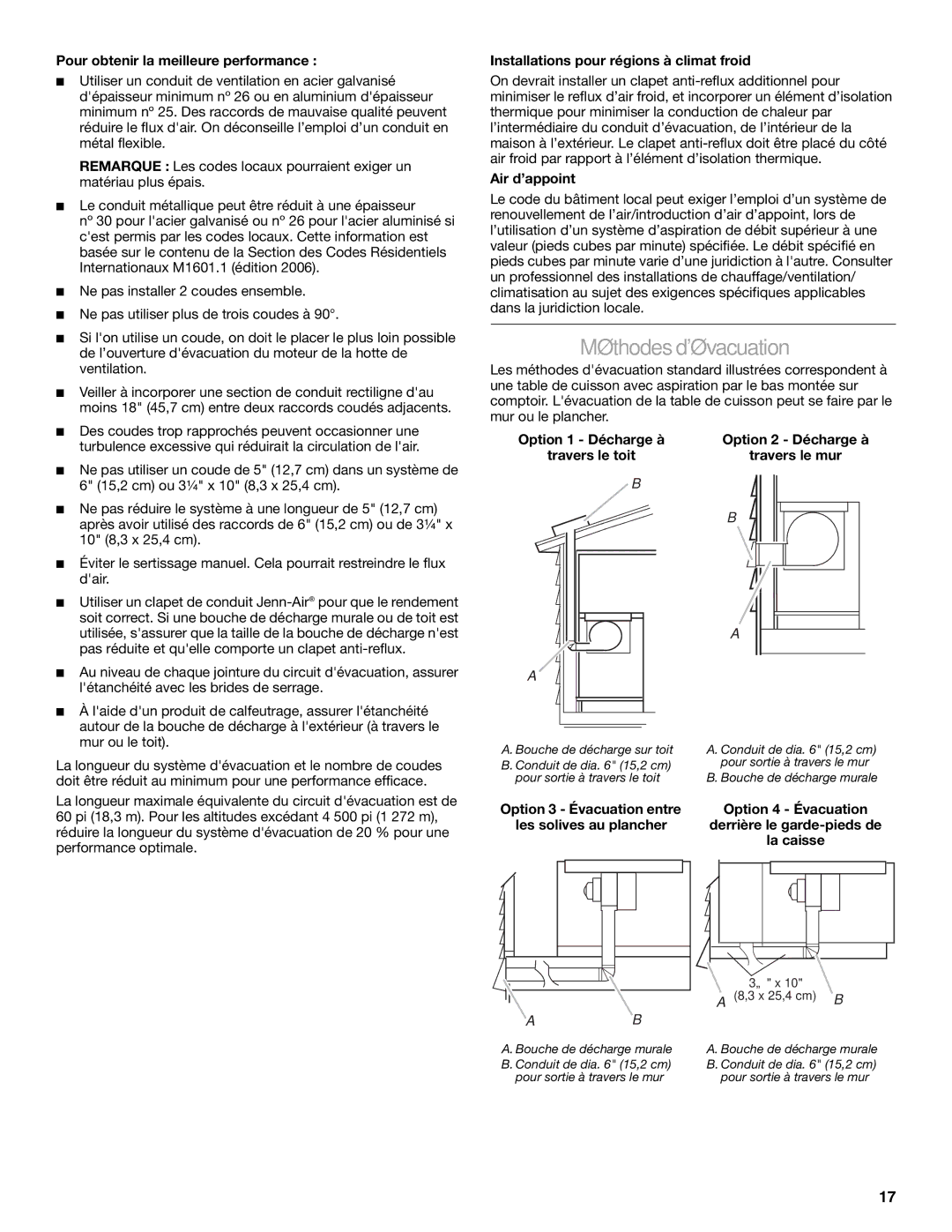 Jenn-Air W10574732A Méthodes dévacuation, Pour obtenir la meilleure performance, Installations pour régions à climat froid 