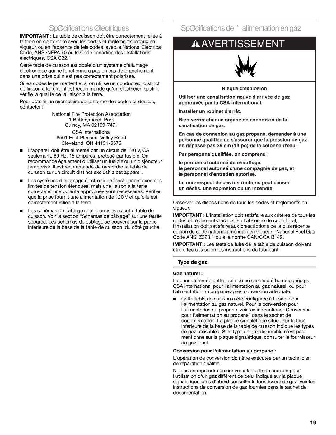 Jenn-Air W10574732A Spécifications électriques, Spécifications de lalimentation en gaz, Type de gaz, Gaz naturel 