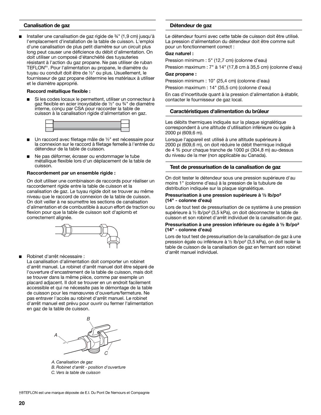 Jenn-Air W10574732A Canalisation de gaz, Détendeur de gaz, Caractéristiques dalimentation du brûleur 