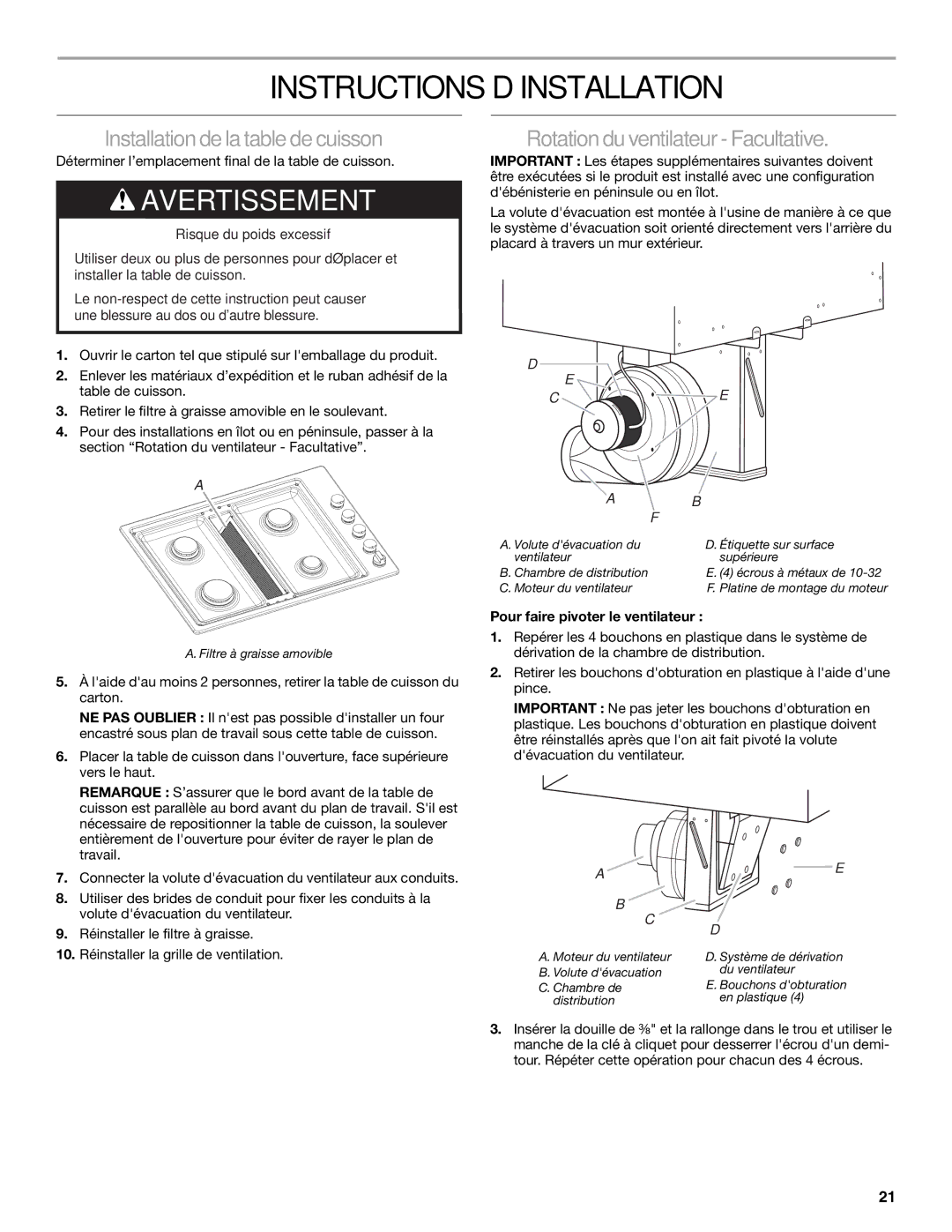 Jenn-Air W10574732A Instructions D’INSTALLATION, Installation de la table de cuisson, Rotation du ventilateur Facultative 