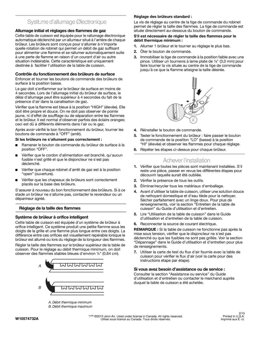 Jenn-Air W10574732A Système dallumage électronique, Achever linstallation, Allumage initial et réglages des flammes de gaz 