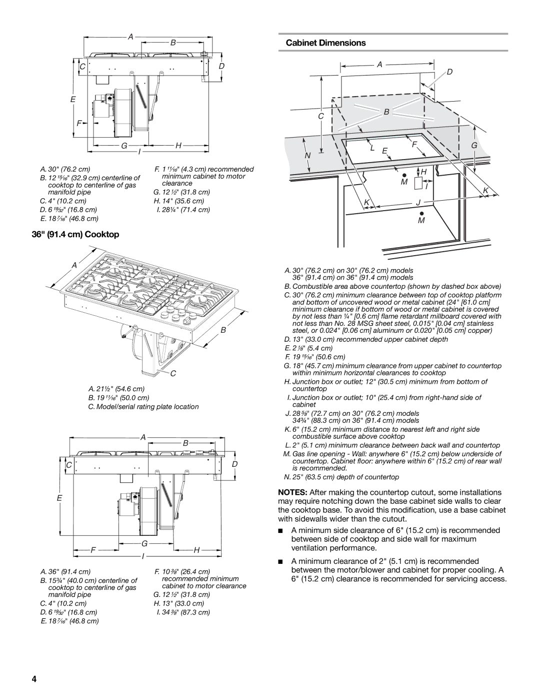 Jenn-Air W10574732A installation instructions 36 91.4 cm Cooktop, Cabinet Dimensions 