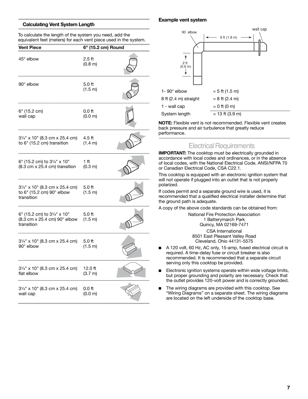 Jenn-Air W10574732A Electrical Requirements, Calculating Vent System Length, Example vent system, Vent Piece Cm Round 