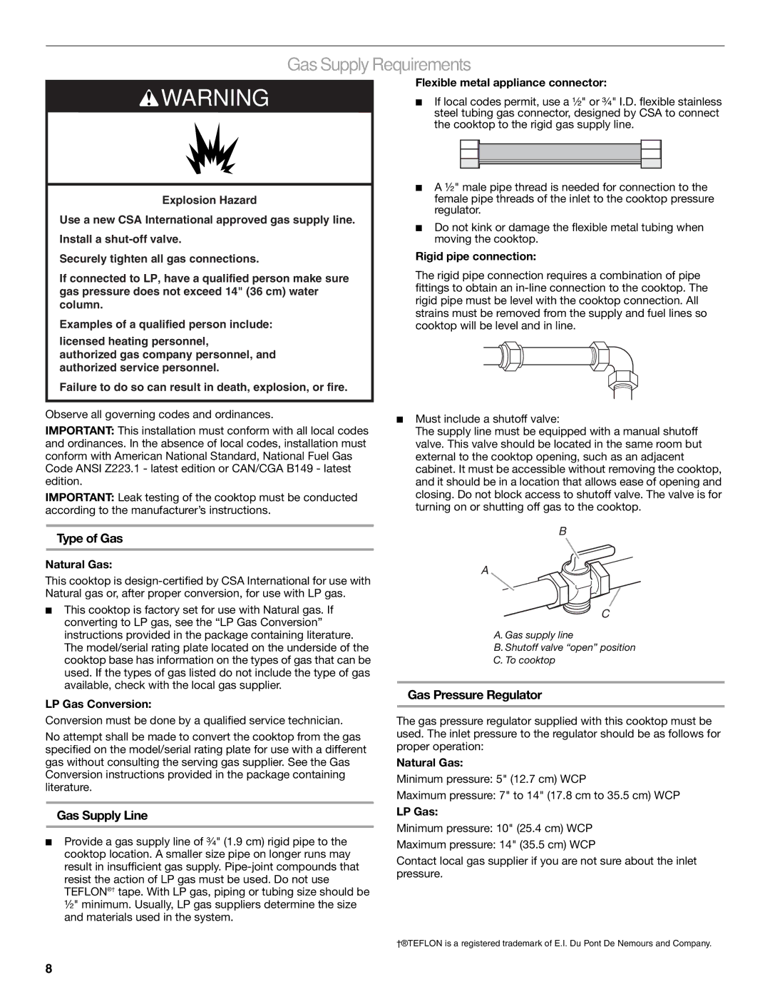 Jenn-Air W10574732A installation instructions Gas Supply Requirements, Type of Gas, Gas Supply Line, Gas Pressure Regulator 