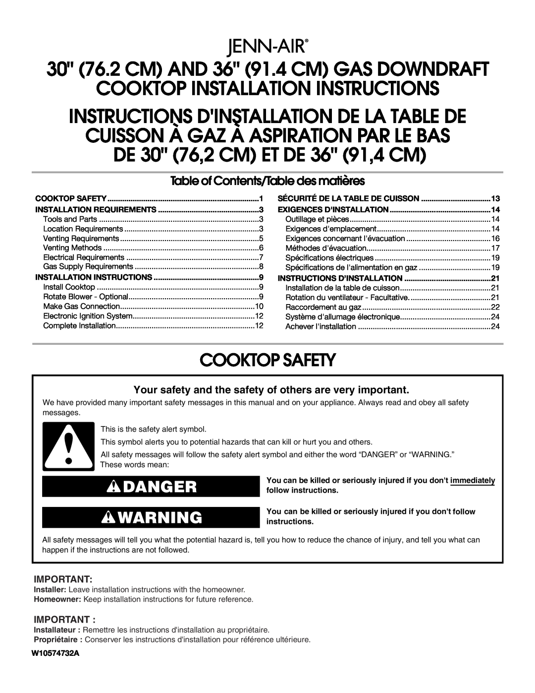 Jenn-Air W10574732A installation instructions Cooktop Safety, Danger, 30 76.2 CM AND 36 91.4 CM GAS DOWNDRAFT 