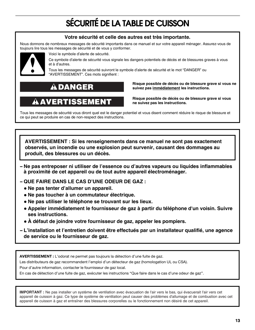 Jenn-Air W10574732A installation instructions Sécurité De La Table De Cuisson, Danger Avertissement 