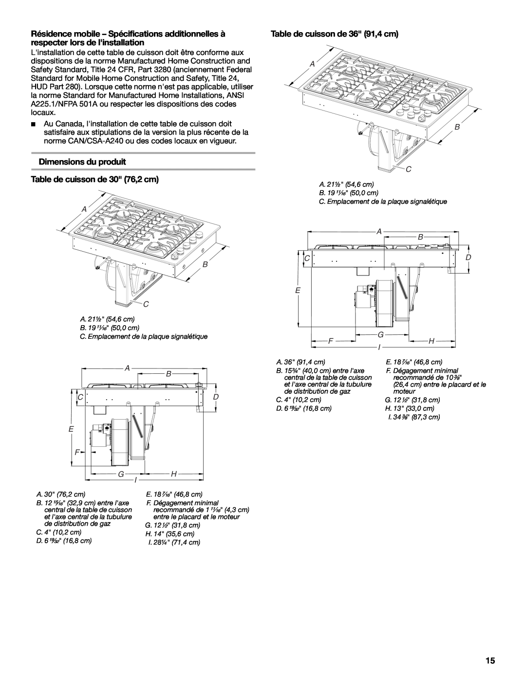 Jenn-Air W10574732A Dimensions du produit, Table de cuisson de 30 76,2 cm, Table de cuisson de 36 91,4 cm, A B C 
