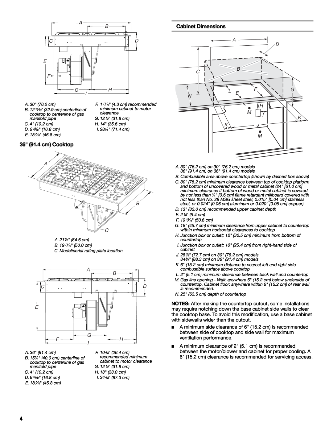 Jenn-Air W10574732A installation instructions 36 91.4 cm Cooktop, Cabinet Dimensions, A B C, A D Cb, Kj M 
