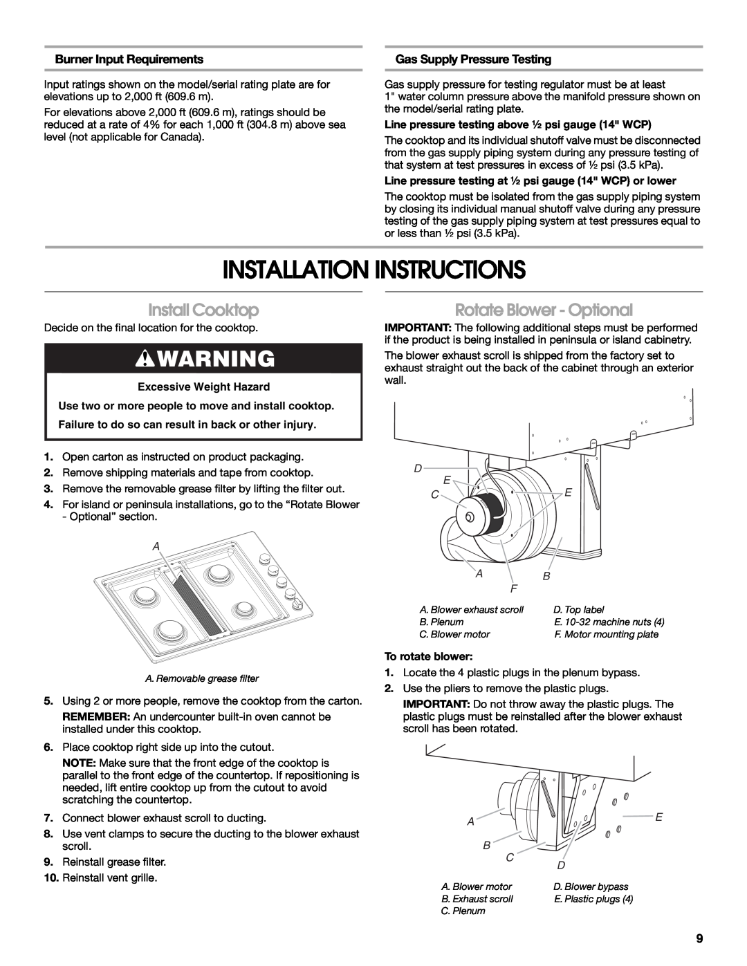 Jenn-Air W10574732A Installation Instructions, Install Cooktop, Rotate Blower - Optional, Burner Input Requirements 