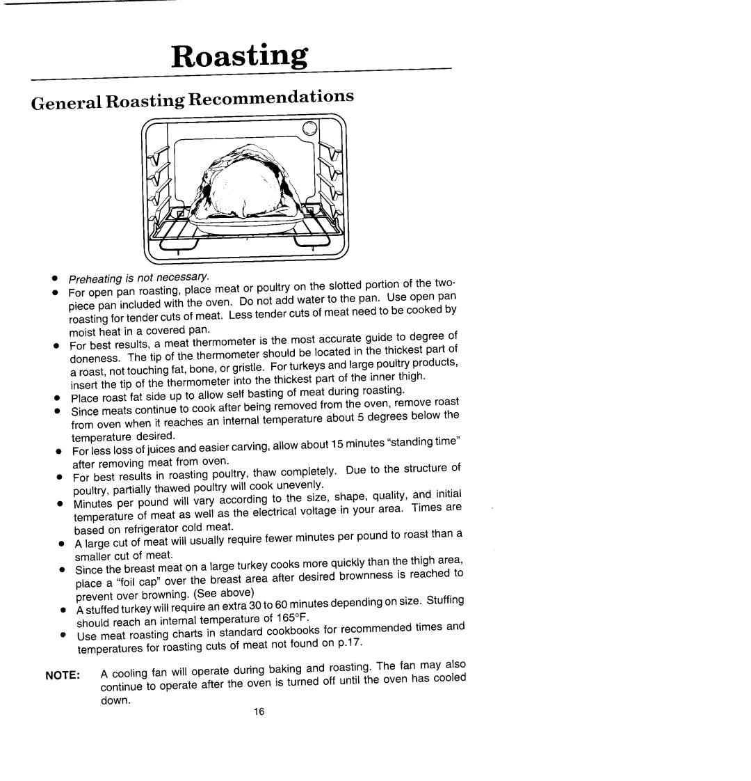 Jenn-Air W131 manual General Roasting Recommendations, Preheating is not necessary 