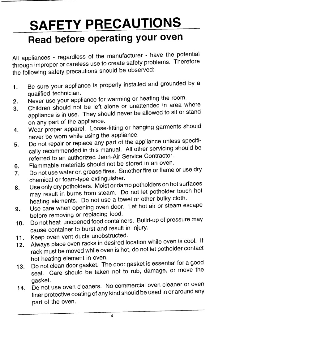 Jenn-Air W131 manual Safety Precautions, Read before operating your oven 