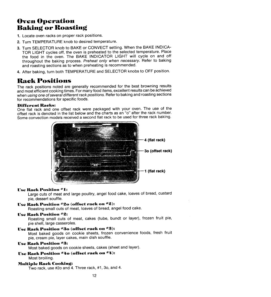 Jenn-Air WM236, W206, WM227, W106, W136 manual Oven Operation Baking or Roasting, Rack Positions 