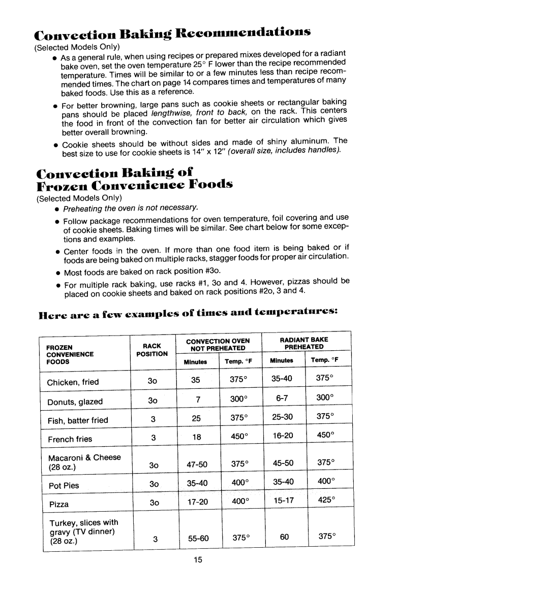 Jenn-Air W136, W206, WM236, WM227, W106 manual Convection Baking Recommendations, Convection Baking Frozen Convenience Foods 