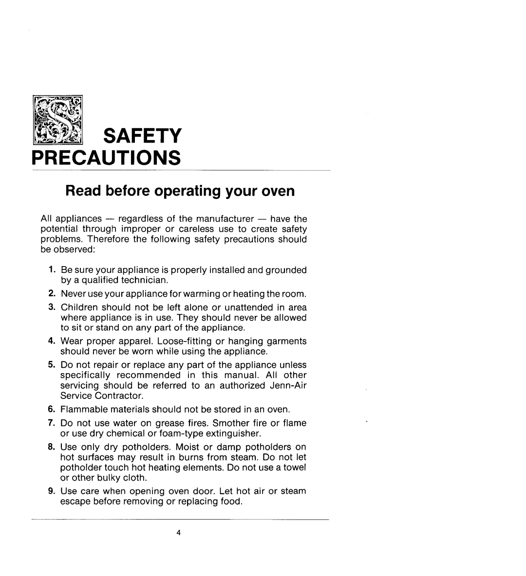 Jenn-Air W106, W206, WM236, WM227, W136 manual Safety Precautions, Read before operating your oven 