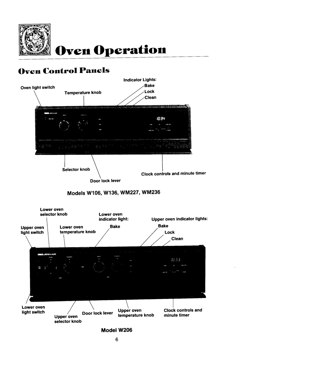Jenn-Air W206 manual Oven Operation, Oven Control Panels, Models W106, W136, WM227, WM236, selector 