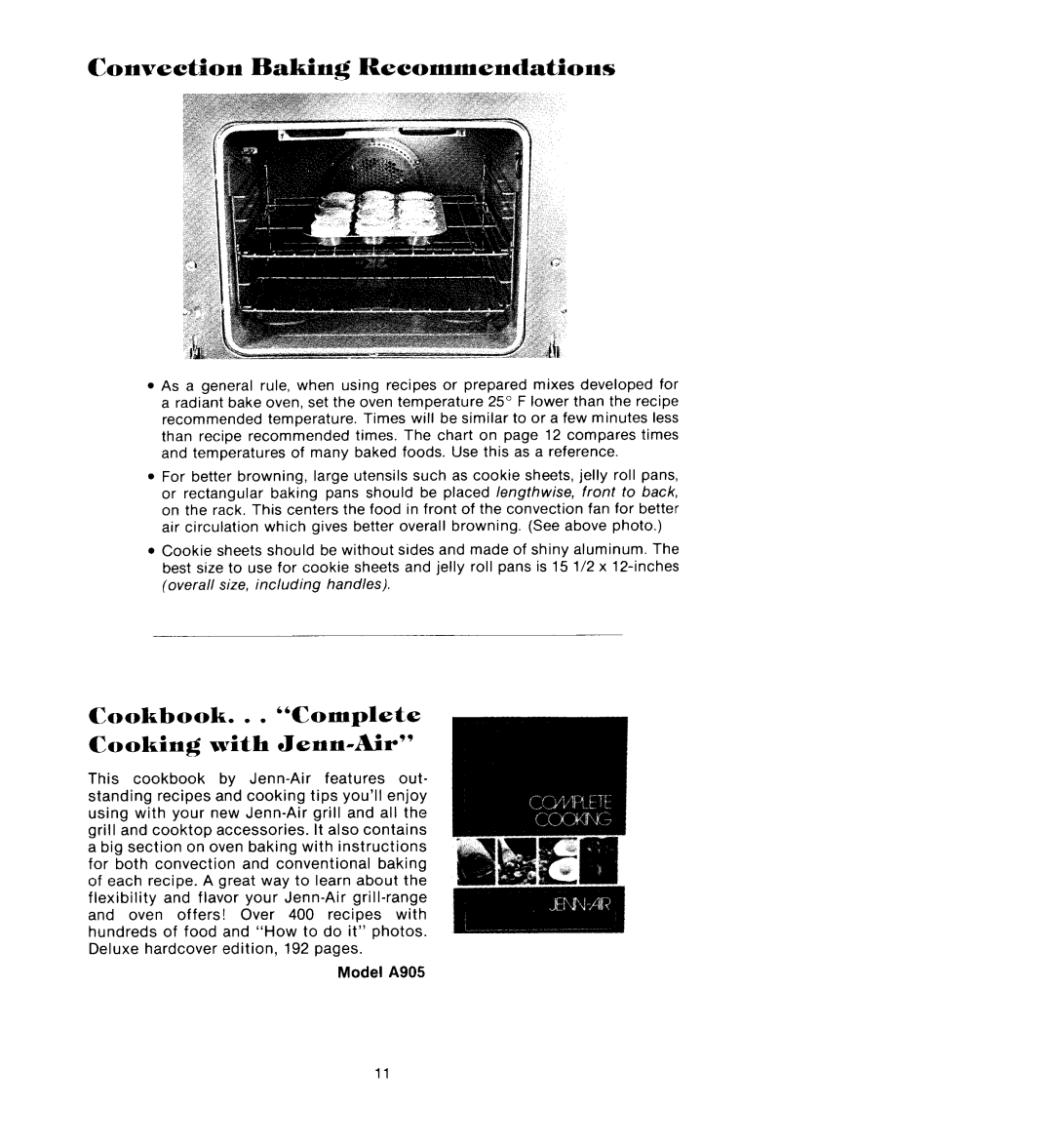 Jenn-Air W122, W225 manual Convection Baking Recommendations, Cookbook... Complete Cooking with Jenn-Air 