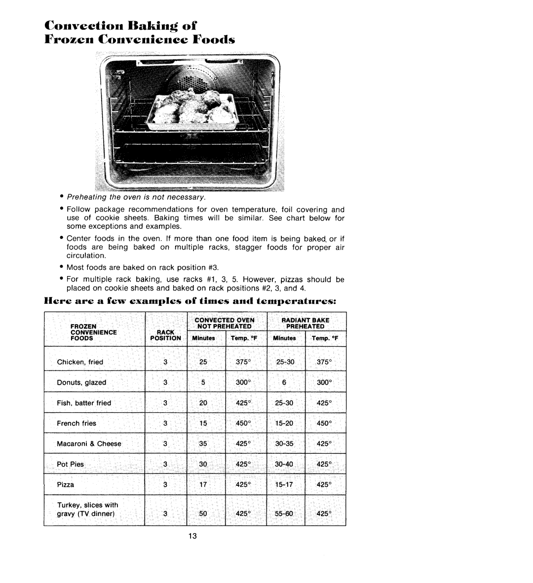 Jenn-Air W122, W225 manual Convection Baking Frozen Convenience Foods, Ilere are a few examples of times and temperatures 