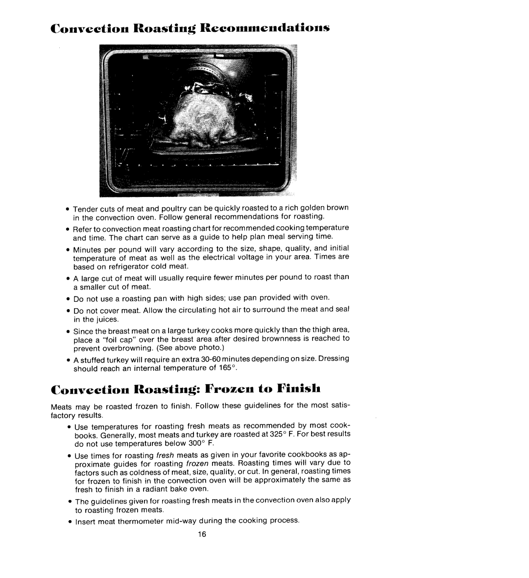 Jenn-Air W225, W122 manual Convection Roasting Recommendations, Convection Roasting Frozen to Finish 