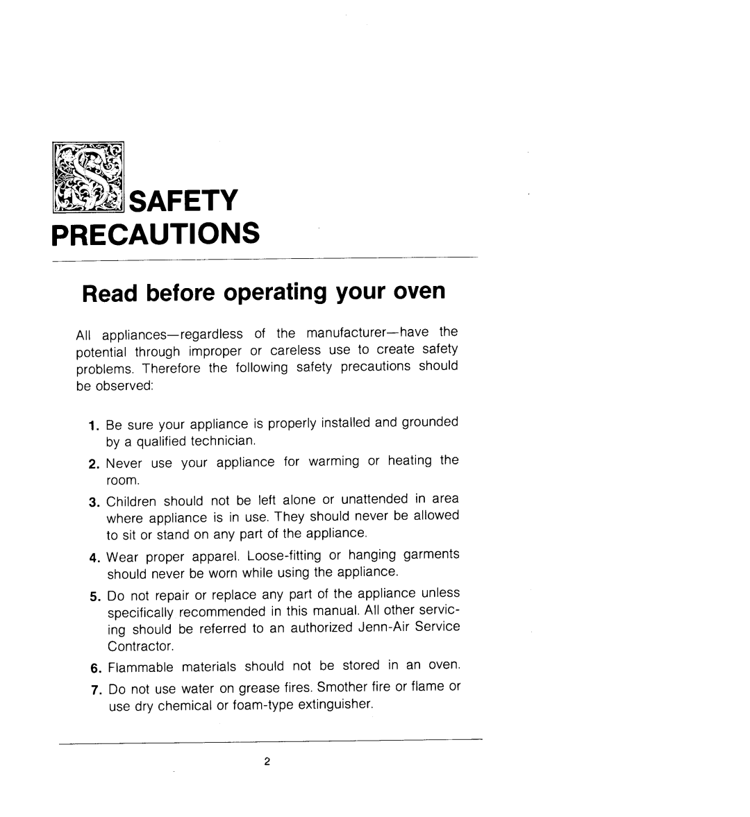 Jenn-Air W225, W122 manual Safety Precautions, Read before operating your oven 