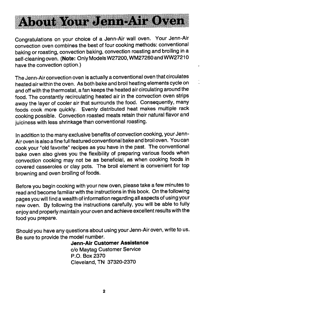 Jenn-Air WW27110, W27200, W27100, WW27210 Jeflfl-AirCustomer Assistance, c/o Maytag Customer Service P,O, Box, Cleveland, TN 